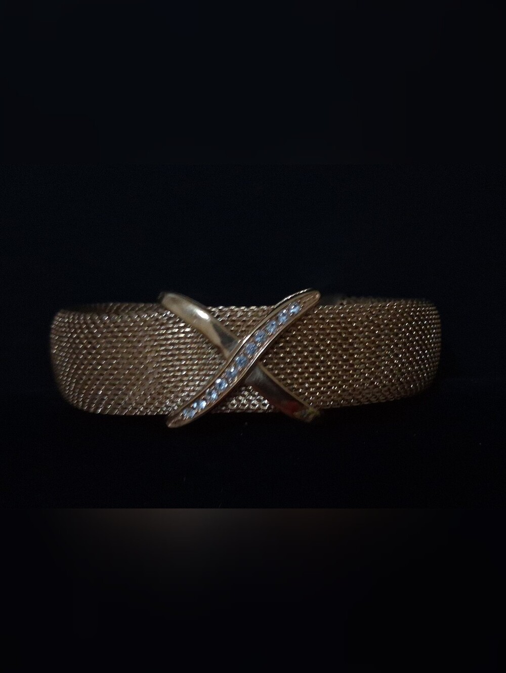 Vintage Criss Cross Gold Mesh Rhinestone Accent Stainless Steel Cuff Bracelet
